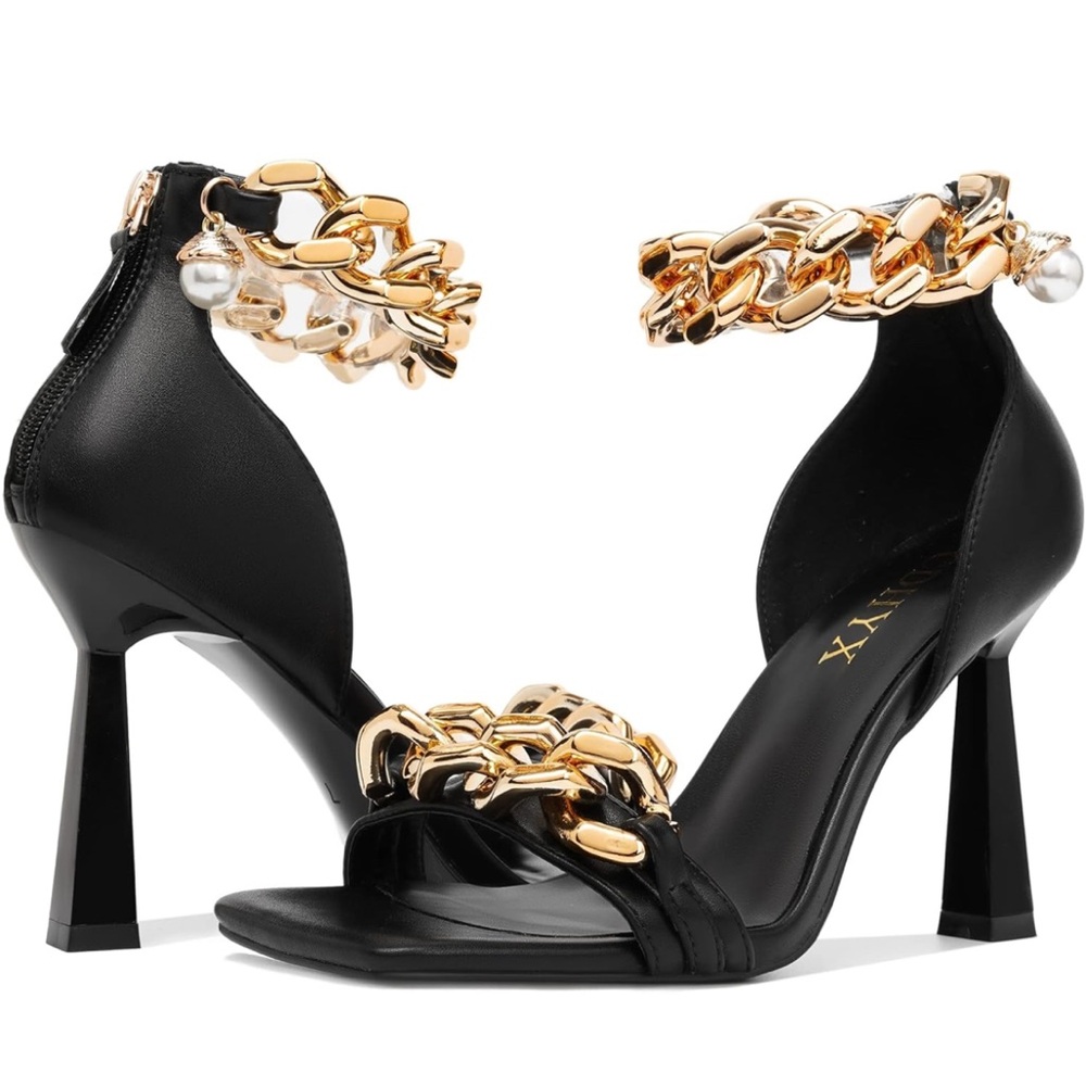 Brand New- Elegant Black and Gold Chain Heels